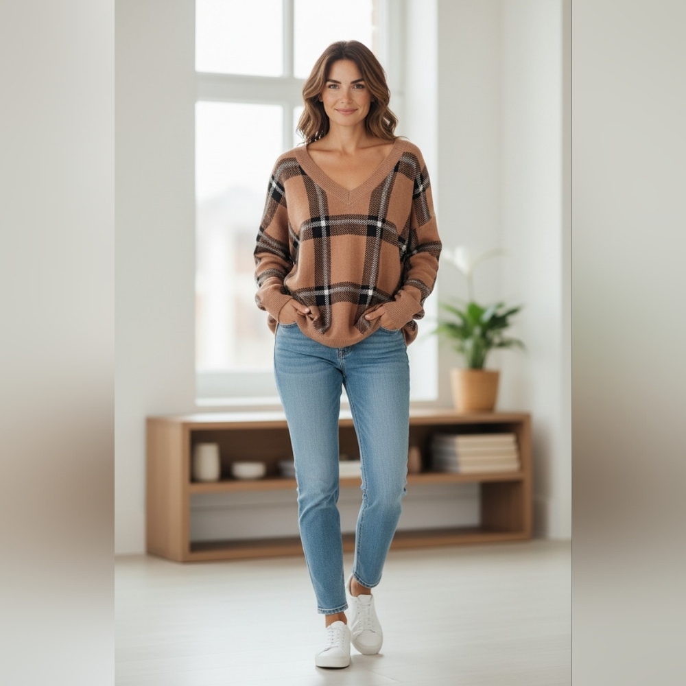Max Studio Tan and Black Plaid V-Neck Sweater
